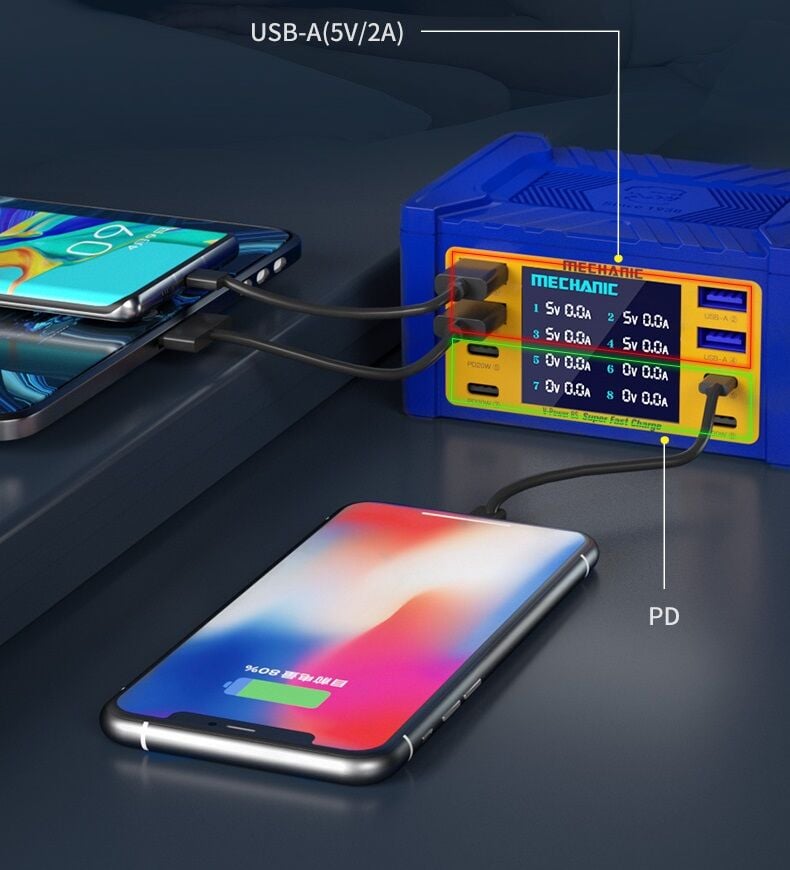 Mechanic 4 Port USB 4 Port Type-C Voltaj Ölçme Şarj İstasyonu 115W