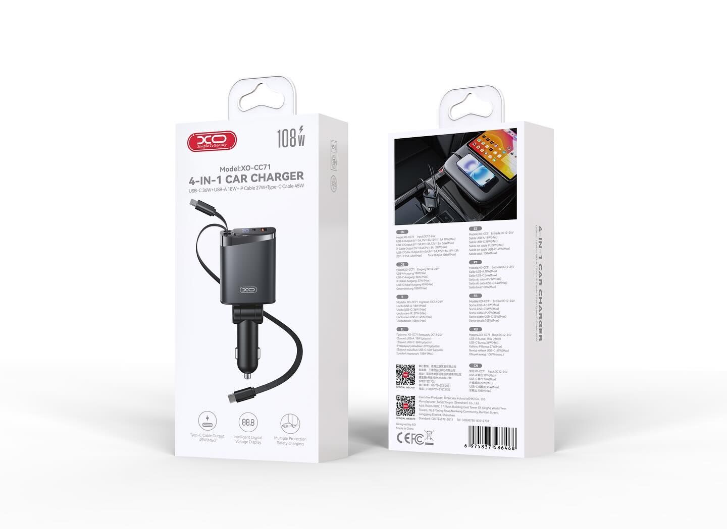 XO-CC71 Dahili Kendinden TYPE-C Kablolu 108W 4'ü 1 Arada Çekilebilir Araç Şarj Cihazı
