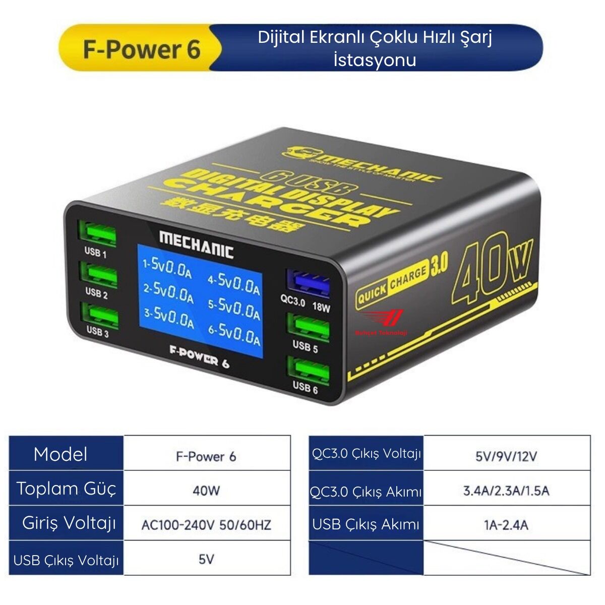 Mechanic F-Power 6 USB QC3.0 40W Akıllı LCD Ekranlı Şarj İstasyonu