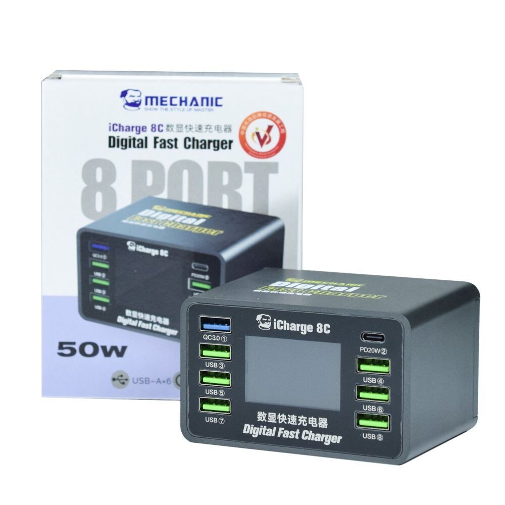 Mechanic iCharge 8C Akıllı Dijital Ekranlı 8 Portlu USB Şarj Cihazı PD+QC 3.0 (50W)